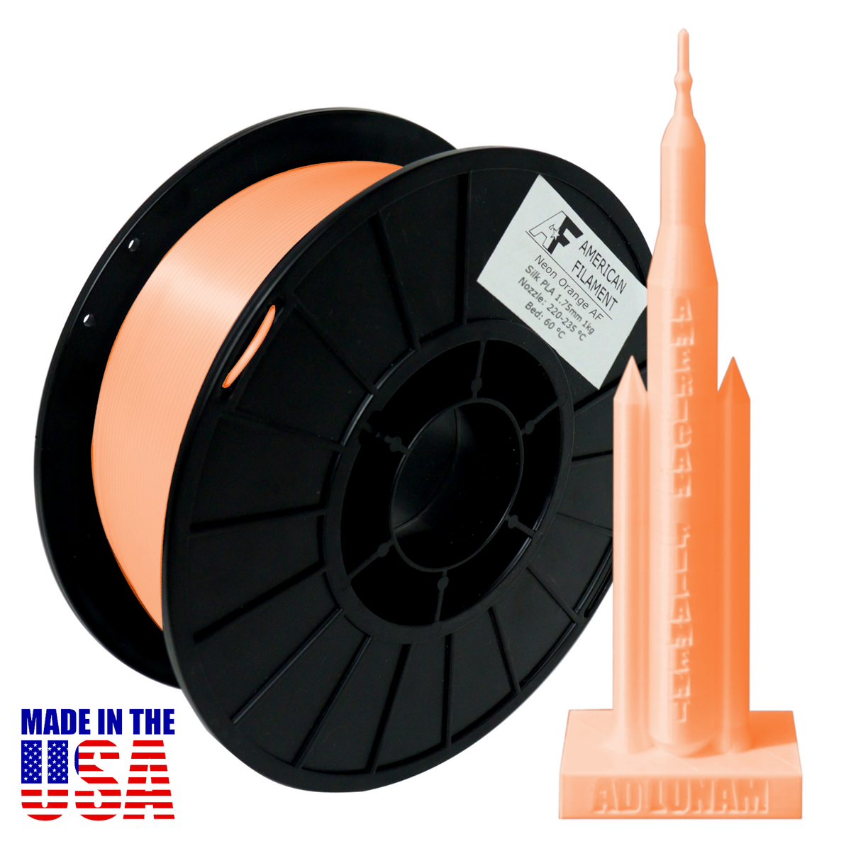 Neon Orange AF Silk PLA 3D Printer Filament, 1.75 mm Diameter, 1 kg Spool